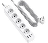 LENCENT Bloc Multiprise Electrique Améliorée avec 5 Prises, 2 USB et 1 Type C avec Interrupteur, Tressé Câble 2M, Multiprise USB Rallonge pour Maison, Bureau et Cuisine, Blanche