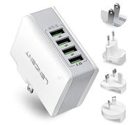 LENCENT Chargeur USB Multiple, 4 Ports USB Secteur Internationale, 5V/4.4A Adaptateur Prise Anglaise/Europe/Americaine/Australie avec Technologie Smart IC pour Téléphones Portables Tablettes PC
