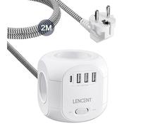 LENCENT Cube Rallonge Multiprise avec Interrupteur Cube Secteur avec 4 Prises AC, 3 USB et 1 Type C, Multiprise USB Parafoudre Rallonge électrique pour Maison, Cuisine, Bureau, Tressé Câble 2 M
