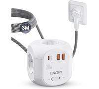 LENCENT Multiprise avec Interrupteur Cube Secteur 4 Prises, 2 USB et 1 Type C PD 20W, Multiprise USB Parafoudre et Interrupteurs Rallonge Electrique 3M Câble la Maison et au Bureau