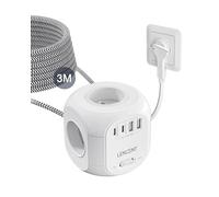 LENCENT Multiprise avec Interrupteur Cube Secteur Fiche Plate 4 Prises, 2 USB et 2 Type C, Multiprise USB Parafoudre et 4 Interrupteurs Rallonge Electrique 3M Câble la Maison et Bureau Tressé Câble
