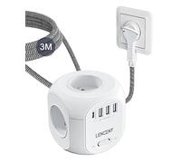 LENCENT Multiprise avec Interrupteur Cube Secteur Fiche Plate 4 Prises, 3 USB et 1 Type C, Multiprise USB Parafoudre et 4 Interrupteurs Rallonge Electrique 3M Câble la Maison et Bureau Tressé Câble