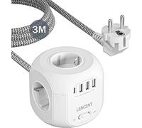 LENCENT Multiprise cube à 4 prises 8 en 1 avec 3 USB, 1 type C, multiprise USB avec câble tressé de 3 m pour prise murale