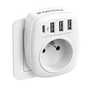 LENCENT Prise Secteur Multiple, Chargeur Multiprises avec 1 Sortie AC, 1 USB C et 3 Ports USB, Murale Electrique Compatible avec iPhone/iPad, Idéal pour Chambre Bureau Domicile 4000W