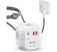 LENCENT Rallonge Multiprise 4 Sortie AC avec 2 QC3,0 et 1 PD20W, Prise Multiple 2500W avec Interrupteur et Rallonge Electrique 2 Mètres pour Maison Bureau Fiche Plate, Tressé Câble, Blanc