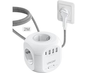 LENCENT Rallonge Multiprise 4 Sortie AC avec 2 USB A et 2 Type C, Prise Multiple 2500W avec Interrupteur et Rallonge Electrique 2 Mètres, Convient pour Maison, Bureau, Fiche Plate, Tressé Câble, Blanc