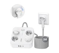 LENCENT Rallonge Multiprise avec 2 USB-A 2 USB-C et 4 Prises européennes CA | Rallonge Multiprise 3M, Bloc Parafoudre avec Interrupteur, Taille compacte, Blanc Multiprise Bureau