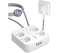 LENCENT Rallonge Multiprise avec 3 USB A et 4 Prises européennes CA, Rallonge Multiprise 3M, Bloc Parafoudre avec Interrupteur, Taille compacte, Blanc Multiprise Bureau
