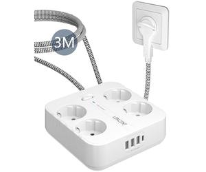LENCENT Rallonge Multiprise avec 3 USB A et 4 Prises européennes CA, Rallonge Multiprise 3M, Bloc Parafoudre avec Interrupteur, Taille compacte, Blanc Multiprise Bureau