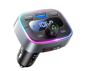 LENCENT Transmetteur FM Bluetooth 5,4 Voiture Adaptateur Bluetooth 60W PD 30W Double USB-C Charge Rapide Auto Music Adaptateur Mains Libres Rétroéclairage LED 7 Couleurs et Clé USB