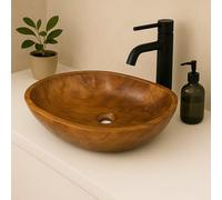 Lendo Online Lavabo en teck ovale 30x25 / 40x30 / 60x40 cm - Vasque à poser en bois pour salle de bain ou WC - Surface lisse - Produit naturel - Vasque décorative en bois massif (60x40cm)