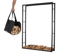 Lendo Online Porte-bois de chauffage + sac de transport - Range-Bûches pour Usage Intérieur Extérieur - Rangement en bois de cheminée - Porte-Bûches - Noir - Métal (148x25x196cm)