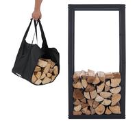 Lendo Online Porte-bois de chauffage + sac de transport - Range-Bûches pour Usage Intérieur Extérieur - Rangement en bois de cheminée - Porte-Bûches - Noir - Métal (50x25x100cm)