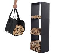 Lendo Online Range-Bûches + sac de transport - Porte-bois de chauffage pour Usage Intérieur Extérieur- Rangement bois de cheminée - Porte-Bûches - Noir - Métal (40x28x120cm)