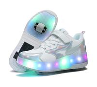 Lengender Enfant Chaussures avec roulettes LED Lumineux Baskets avec USB Rechargeable Double Roue Extérieur Skateboard (Blanc, Adolescent, 32, Numérique, Système Taille Chaussures EU, Moyen)