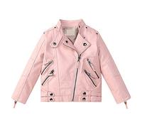 Lengender Veste en Simili Cuir Enfant Fille Manteau Courte PU Cuir Jacket Blouson Motard Hiver Automne (Rose, 120)
