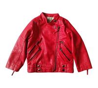 Lengender Veste en Simili Cuir Enfant Fille Manteau Courte PU Cuir Jacket Blouson Motard Hiver Automne (Rouge, 130)
