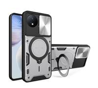 LENGRACE Coque pour Vivo V21 4G/5G Rotation Support Magnétique Etui,Couvercle Coulissant de la Caméra Antichoc PC TPU Cover pour Vivo V21 4G/5G-Argent