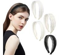 Lengxue Lot de 4 bandeaux en dentelle avec fleurs brodées - Large - Pour femme et fille - Accessoires pour cheveux vintage - Blanc et noir