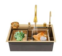 LENJKYYO Évier cascade, évier de cuisine en acier inoxydable 1 bac, évier multifonctionnel avec robinet extractible, lave-tasses et ensemble complet, évier cascade pour la cuisine (Or, 68*46*22cm)