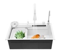 LENJKYYO Évier cascade, évier de cuisine en acier inoxydable 1 bac, évier multifonctionnel avec robinet extensible, lave-tasses et ensemble complet, évier cascade pour la cuisine (Blanc, 68*46*22cm)
