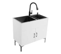 LENJKYYO Évier de cuisine autoportant avec meuble bas et robinet, en acier inoxydable, 2 bacs, égouttoir et unité de vidange, évier avec meuble bas pour cuisine, jardin, atelier (blanc)