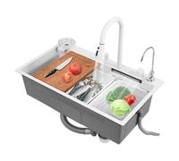 LENJKYYO Évier de cuisine cascade en acier inoxydable, 1 bac, multifonction, avec robinet extensible, lave-tasses et kit complet, lavabo cascade pour la cuisine, blanc, 80 x 46 x 22 cm