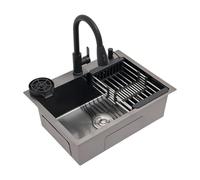 LENJKYYO Évier de cuisine, noir 45 x 40 cm, évier encastrable en acier inoxydable avec robinet, évier de cuisine avec robinet extractible, nettoyeur de tasses, panier d'égouttement et distributeur de