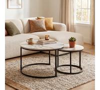 CALICOSY - Lot de 2 Tables Basses Gigognes Rondes L70 cm - LENNY - Marbre/ Noir