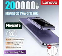 Lenovo - batterie externe magnétique sans fil 2026, 200000mAh, chargeur rapide Portable, batterie auxiliaire Magsafe pour iphone Huawei Samsung Black 200000mAh