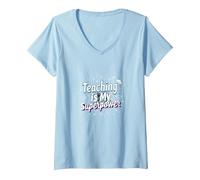 l'enseignement est ma Superpuissance Educator Pride T-Shirt avec Col en V, Femme, Bleu Céleste, M