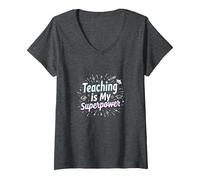 l'enseignement est ma Superpuissance Educator Pride T-Shirt avec Col en V, Femme, Chiné Foncé, M