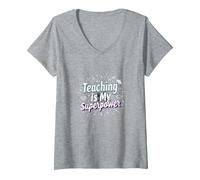 l'enseignement est ma Superpuissance Educator Pride T-Shirt avec Col en V, Femme, Gris Chiné, M