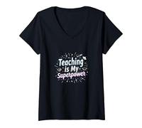 l'enseignement est ma Superpuissance Educator Pride T-Shirt avec Col en V, Femme, Noir, XXL