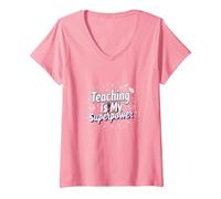 l'enseignement est ma Superpuissance Educator Pride T-Shirt avec Col en V, Femme, Rose, XXL