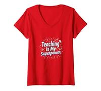 l'enseignement est ma Superpuissance Educator Pride T-Shirt avec Col en V, Femme, Rouge, S
