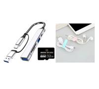 L'ensemble 3 et 1 comprend une station d'accueil USB-C, USB 2.0, USB 3.0, Micro-SD, standard-SD avec carte micro-SD de 32 Go complémentaire et 4 attaches de câble de données en silicone EA