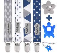L'ensemble attache-tétine et jouet de dentition Dodo Babies comprend 4 clips et 2 jouets de dentition en silicone, un support universel et des imprimés bleus et gris amusants pour filles ou garçons.