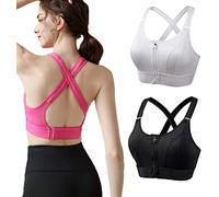 LENSSE Soutien-gorge de sport sans fil à maintien super ferme résistant aux chocs avec fermeture éclair, gilet antichoc à fermeture éclair frontale soutien-gorge réglable grande taille (Noir+Blanc