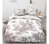 LENTLY Ensemble de couette 3D avec motif Toile De Jouy pour couette et couvre-lit avec taies d'oreiller - Ensemble de couvre-lit en microfibre avec fermeture éclair 3 pièces - Taille King (220x240cm)