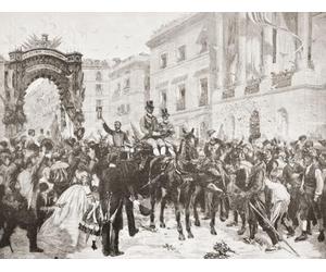L'entrée du général Prim à Barcelone Espagne en 1860. Juan Prim y Prats 1er marquis de Los Castillejos 1er comte de Reus 1er vicomte d'El Bruch Grandee d'Espagne 1814 - 1870. Homme d'État général
