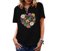 LEOCLOTHO T-Shirt Femme en Coton Col Rond Oversize Tee Shirt Femme Coupe Amples Été Impression Fleurs d'amour-Noir
