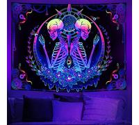 Leofanger Tapisserie murale à la lumière noire réactive aux UV, motif squelette psychédélique, tête de mort céleste, fleur colorée, tapisserie murale à suspendre pour décoration d'intérieur (150 x 200
