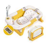Leogreen Baignoire Pliable Bébé avec Coussin de Bain, Baignoire Bebe avec Thermomètre de Voyage Numérique Portable,Comprend un plateau, Essentiel pour Les Nourrissons de 0 à 36 Mois