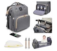 Leogreen Sac à Dos à Langer avec Lit Plié pour Bébé, Grande Capacité Sac à Couches Multifonction Imperméable, Gris