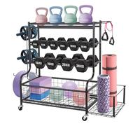 Leogreen Support d'haltères, Support de Rangement à Domicile pour Kettlebell, Tapis de Yoga, Equipement d'Entraînement, Yoga Rack Avec Crochets et Roues