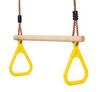Leogreen Trapèze Balançoire en Bois avec Anneaux de Gymnastique, Jaune | 58*(120-200)cm, Charge maximale 150 kg, hauteur réglable, Barre de Traction de jardin extérieur pour Fitness