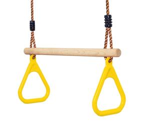 Leogreen Trapèze Balançoire en Bois avec Anneaux de Gymnastique, Jaune | 58*(120-200)cm, Charge maximale 150 kg, hauteur réglable, Barre de Traction de jardin extérieur pour Fitness