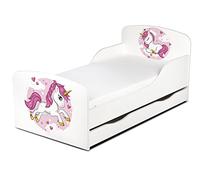 Leomark Blanc Moderne Lit d'enfant Toddler - Lovely Unicorn - avec tiroir en-Dessous + Matelas, Meubles pour Enfants, Lit Simple, Zone de Couchage 70/140 cm