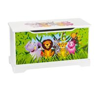Leomark Coffre à Jouets En Bois Récipient Pour Les Jouets, Motif Animaux Jungle Banc à Rangement Children Coffre à Jouet Excellent Qualité Coloris Blanc Wooden Box Dimensions: L 59 x P 26 x H 32 cm